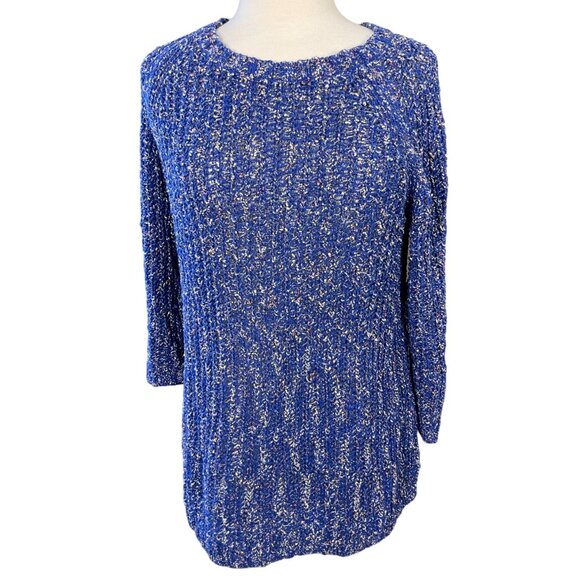 Talbots Curved Hem Long Sleeve Loose Knit Bright Blue Speckled Sweater Large - Picture 1 of 10